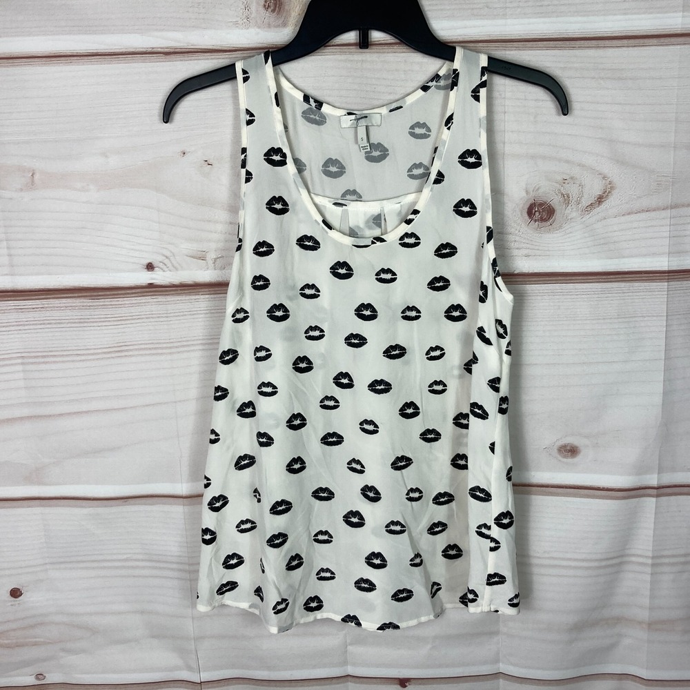 Joie Top Womens Small Ivory Black Silk Tank Racerback Lipstick Kiss Scoop Neck
